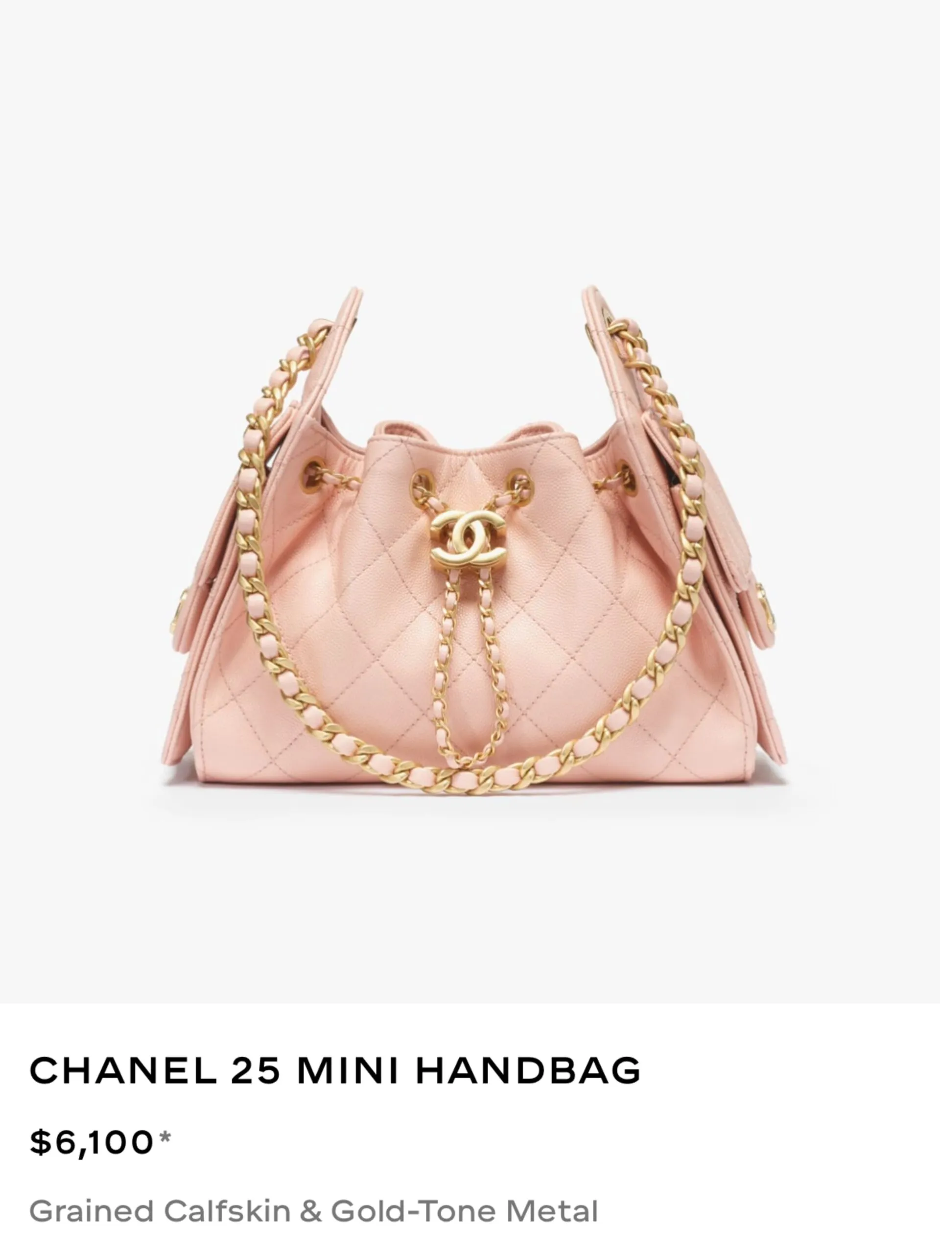 Chanel 25 Mini in pale pink grained calfskin with gold-tone chain, listed at $6,100